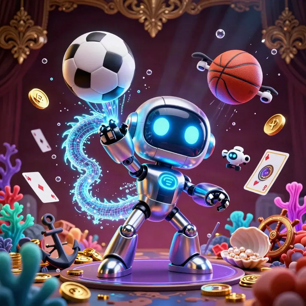 Robot cromado, dragón holográfico y dron entre coral, monedas, balones y luz submarina.