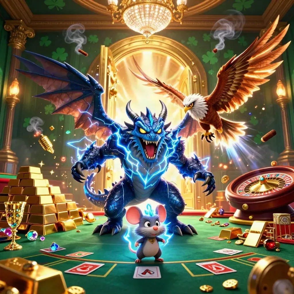 Dragón eléctrico, halcón y ratón en casino lujoso con oro, joyas y luz dramática