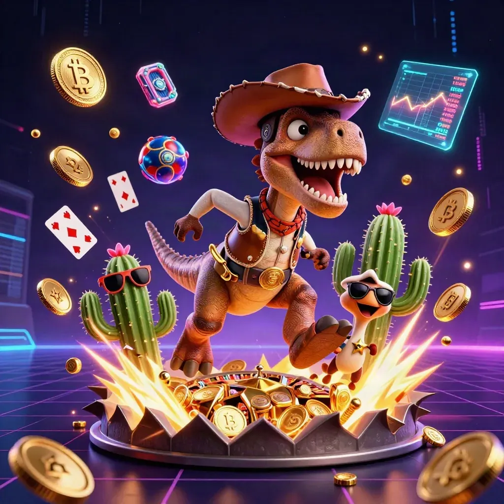 Trex vaquero, cactus y correcaminos entre monedas, casino neón y cofres reventando