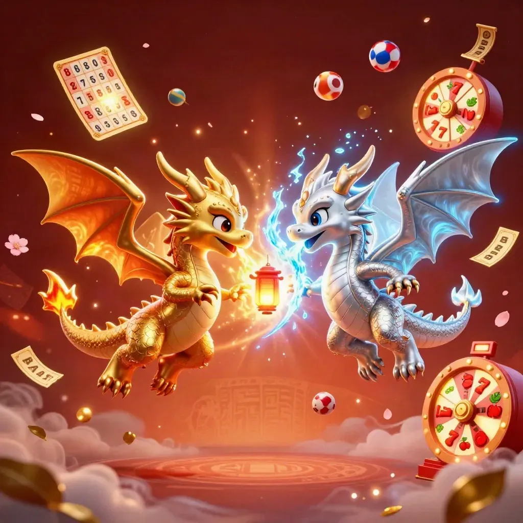 Dragones dorado y plateado entrelazados con bolas de lotería y símbolos de casino